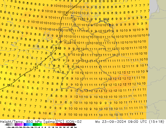 Height/Temp. 850 hPa ICON-D2 Mo 23.09.2024 09 UTC