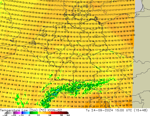 temperatura mín. (2m) ICON-D2 Ter 24.09.2024 15 UTC