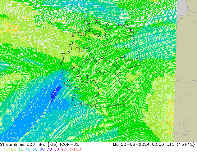 Stromlinien 300 hPa ICON-D2 Mo 23.09.2024 03 UTC