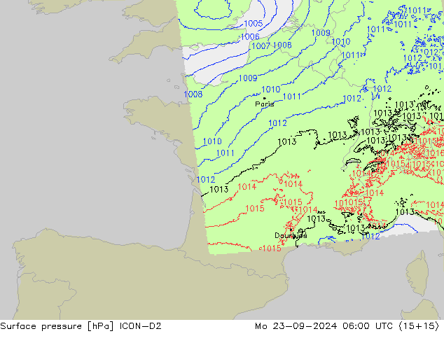 Pressione al suolo ICON-D2 lun 23.09.2024 06 UTC