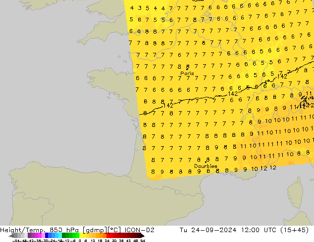 Hoogte/Temp. 850 hPa ICON-D2 di 24.09.2024 12 UTC