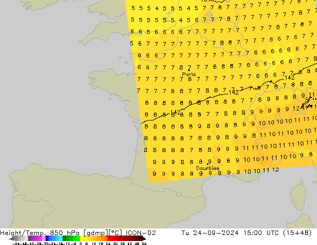 Hoogte/Temp. 850 hPa ICON-D2 di 24.09.2024 15 UTC