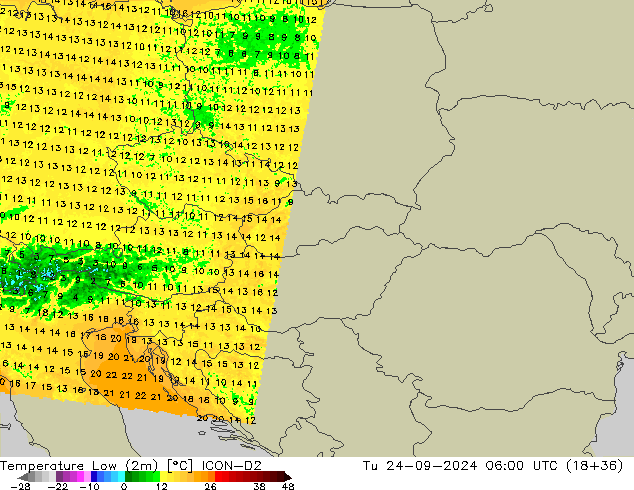 Temperature Low (2m) ICON-D2 Tu 24.09.2024 06 UTC