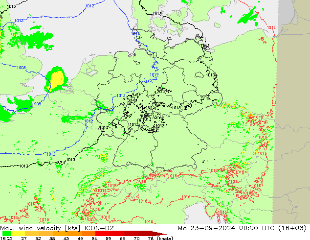 Max. wind velocity ICON-D2 lun 23.09.2024 00 UTC