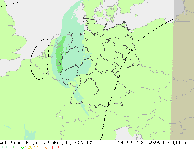 Jet stream/Height 300 hPa ICON-D2 Tu 24.09.2024 00 UTC