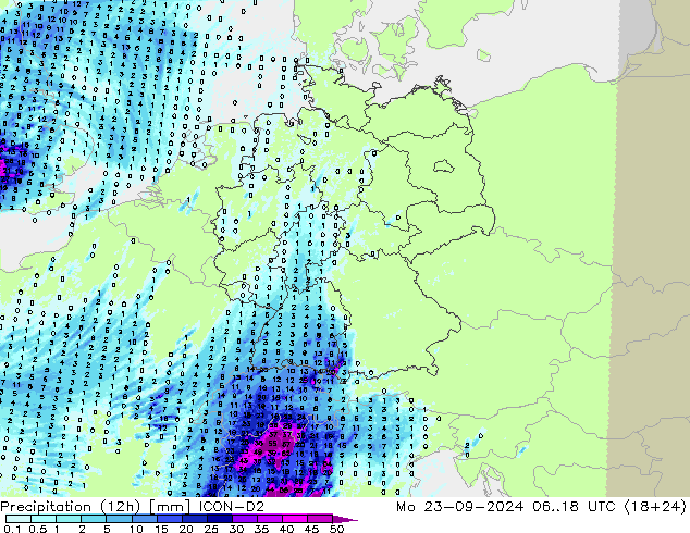 Precipitation (12h) ICON-D2 Mo 23.09.2024 18 UTC