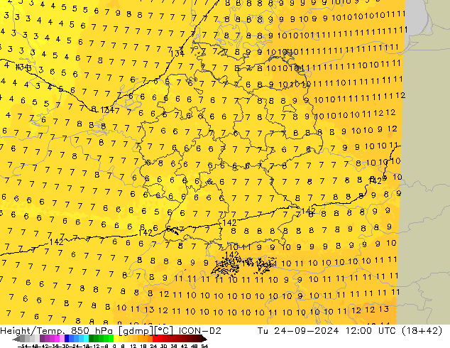 Height/Temp. 850 hPa ICON-D2 wto. 24.09.2024 12 UTC