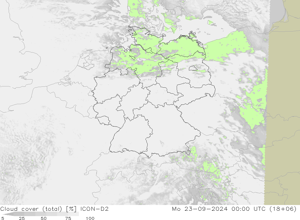 Cloud cover (total) ICON-D2 Mo 23.09.2024 00 UTC