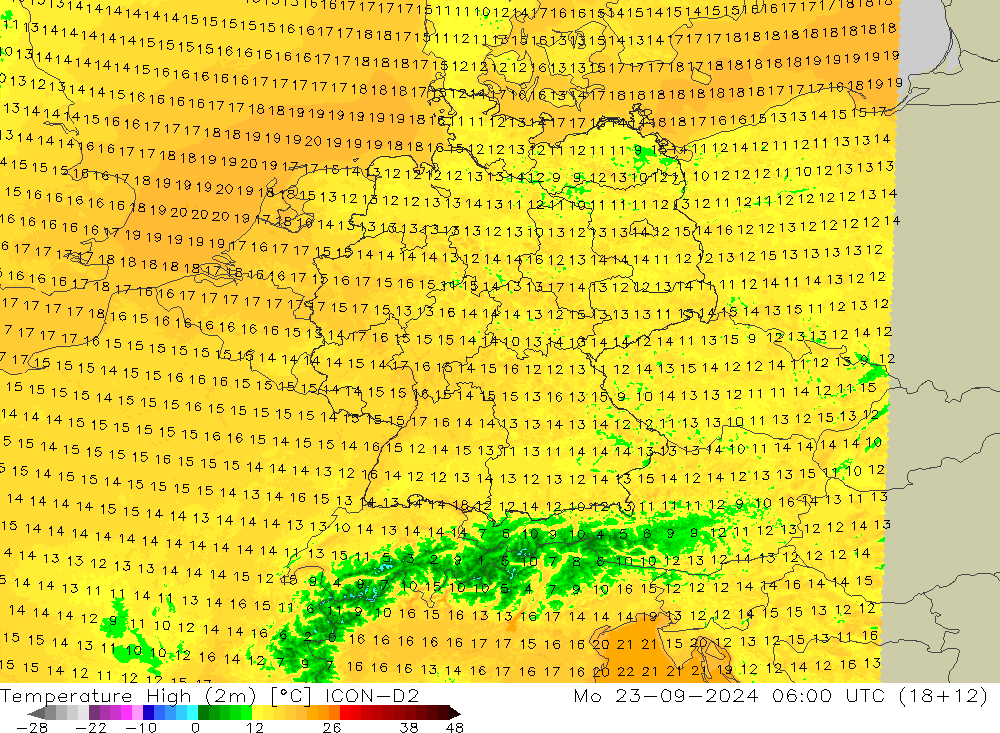 Temperature High (2m) ICON-D2 Mo 23.09.2024 06 UTC