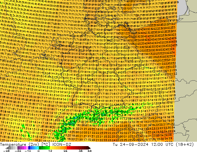 Temperature (2m) ICON-D2 Tu 24.09.2024 12 UTC