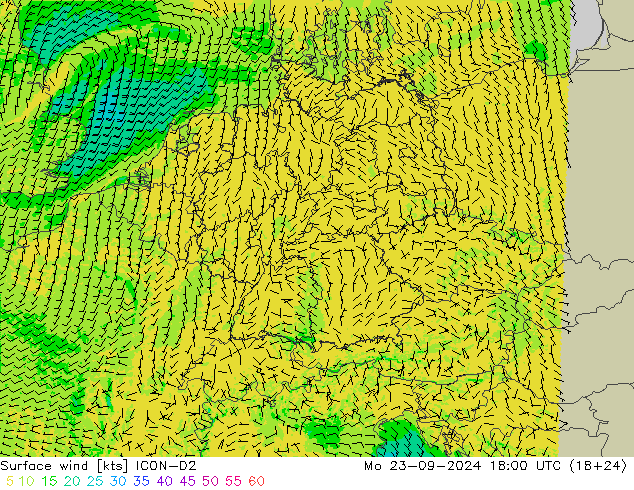 Surface wind ICON-D2 Mo 23.09.2024 18 UTC