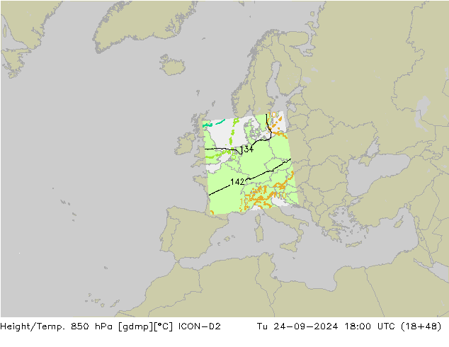 Height/Temp. 850 hPa ICON-D2  24.09.2024 18 UTC