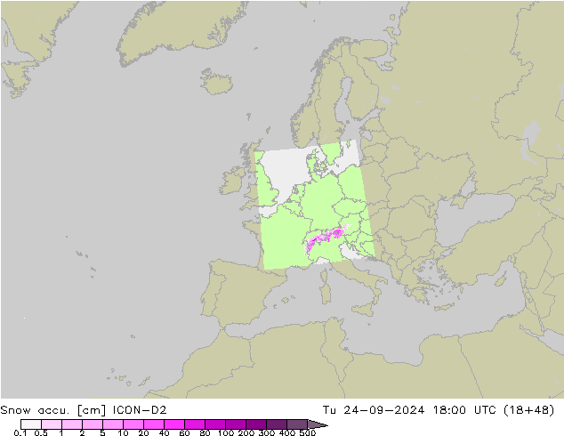 Snow accu. ICON-D2 Út 24.09.2024 18 UTC