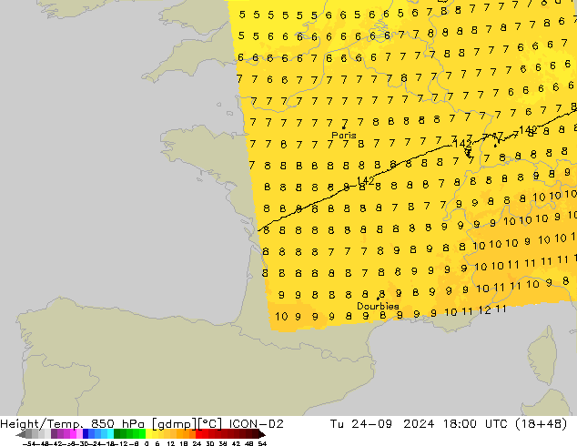 Height/Temp. 850 hPa ICON-D2 Ter 24.09.2024 18 UTC