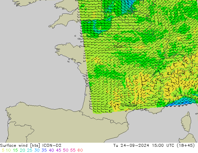 Vento 10 m ICON-D2 mar 24.09.2024 15 UTC