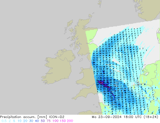 Precipitation accum. ICON-D2 пн 23.09.2024 18 UTC