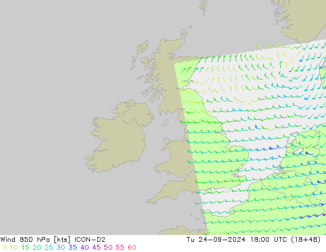 Wind 850 hPa ICON-D2 Út 24.09.2024 18 UTC