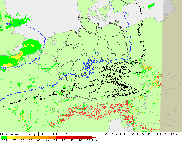 Max. wind velocity ICON-D2 Mo 23.09.2024 03 UTC