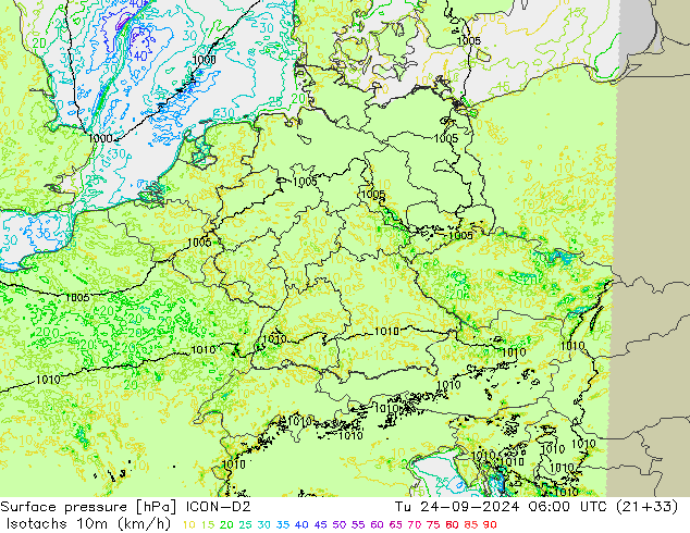 Isotachs (kph) ICON-D2 Tu 24.09.2024 06 UTC