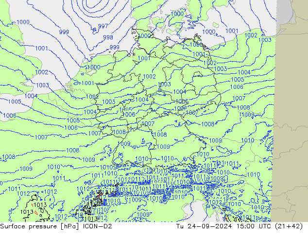 Pressione al suolo ICON-D2 mar 24.09.2024 15 UTC