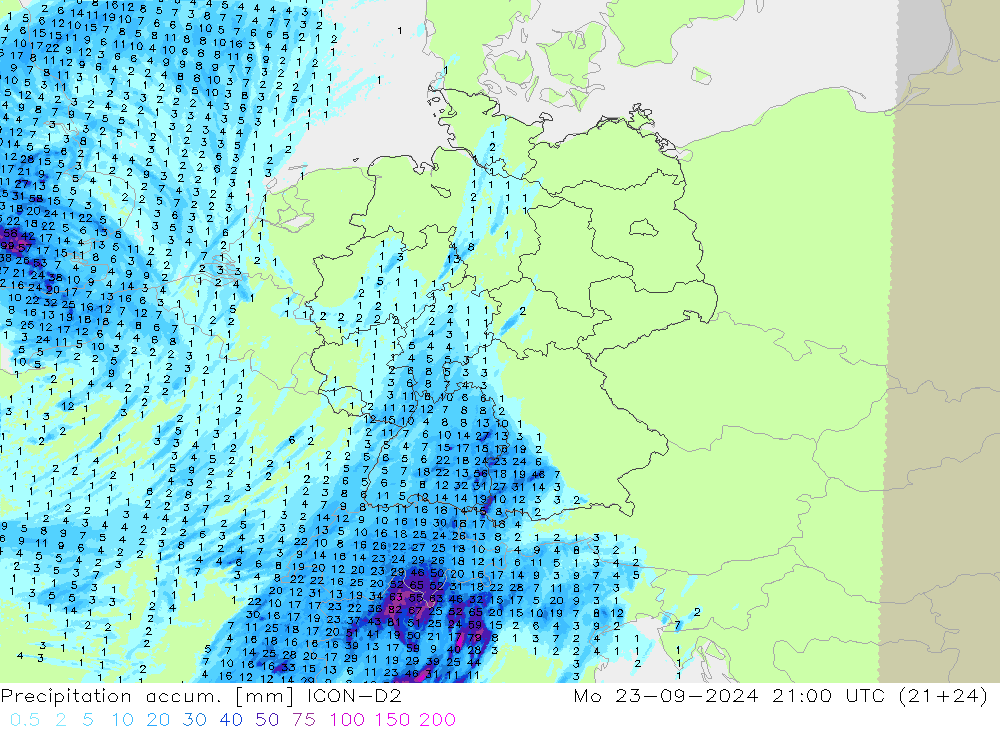 Precipitation accum. ICON-D2 pon. 23.09.2024 21 UTC