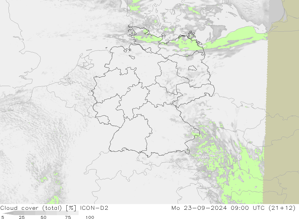 Cloud cover (total) ICON-D2 Mo 23.09.2024 09 UTC