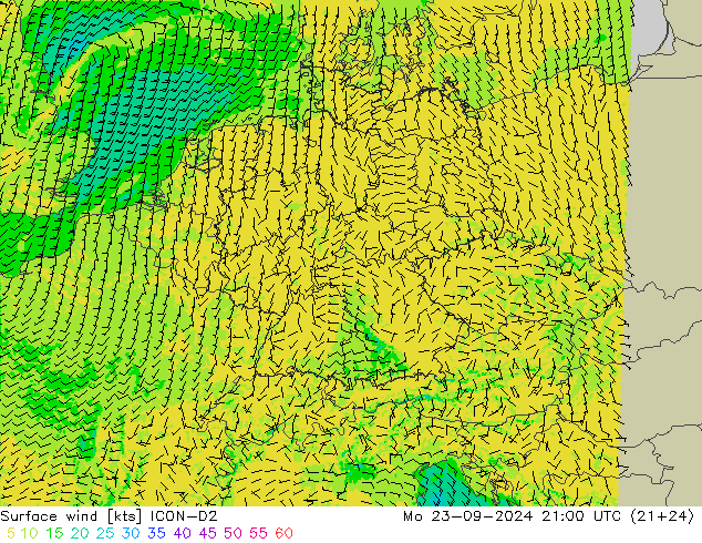 Vent 10 m ICON-D2 lun 23.09.2024 21 UTC