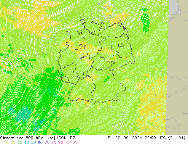 Linea di flusso 500 hPa ICON-D2 dom 22.09.2024 22 UTC