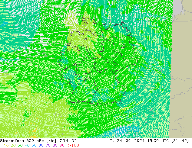 Streamlines 500 hPa ICON-D2 Tu 24.09.2024 15 UTC