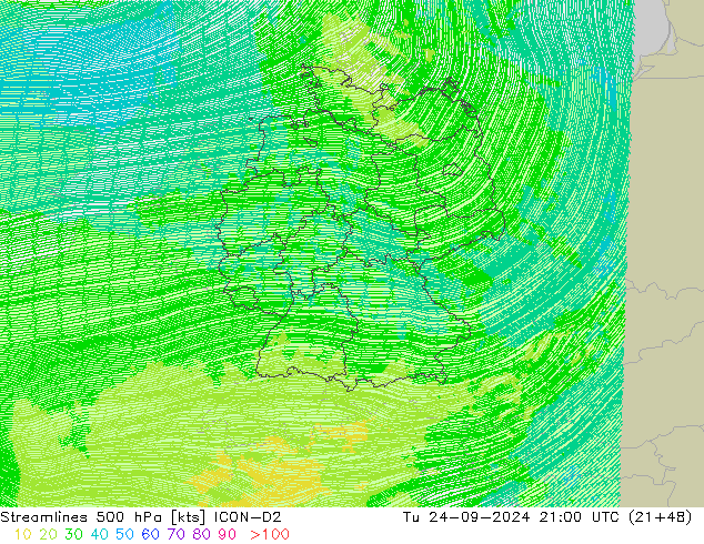 Linha de corrente 500 hPa ICON-D2 Ter 24.09.2024 21 UTC