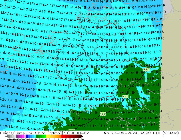 Height/Temp. 500 hPa ICON-D2 Mo 23.09.2024 03 UTC