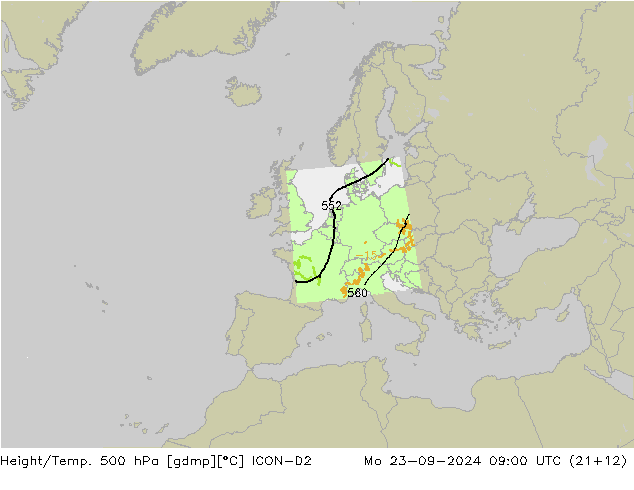 Height/Temp. 500 hPa ICON-D2 Mo 23.09.2024 09 UTC