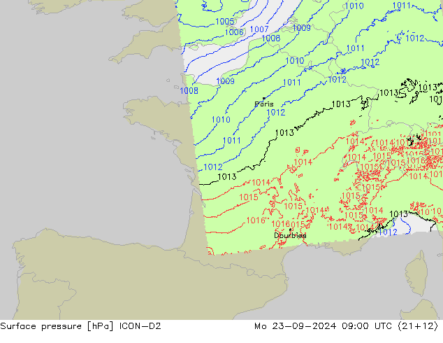 Pressione al suolo ICON-D2 lun 23.09.2024 09 UTC