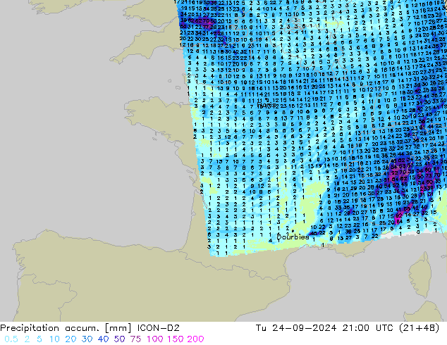 Precipitation accum. ICON-D2 Tu 24.09.2024 21 UTC