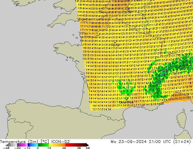 Temperature (2m) ICON-D2 Mo 23.09.2024 21 UTC