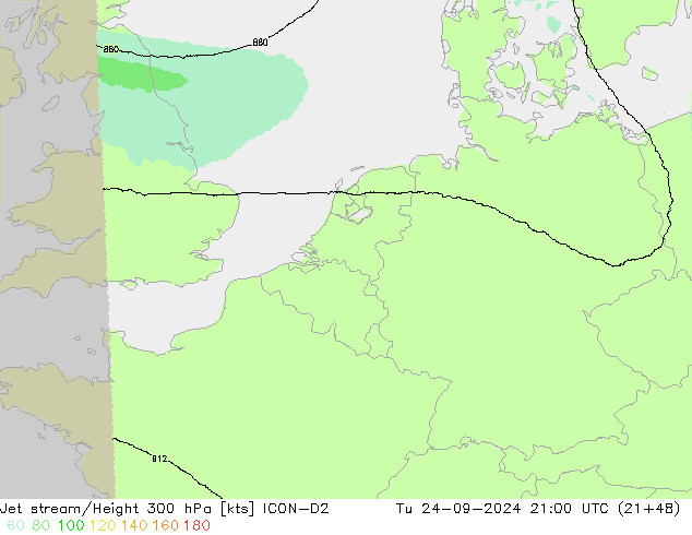 Jet stream/Height 300 hPa ICON-D2 Tu 24.09.2024 21 UTC