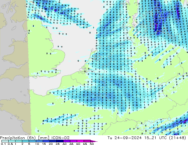 Précipitation (6h) ICON-D2 mar 24.09.2024 21 UTC