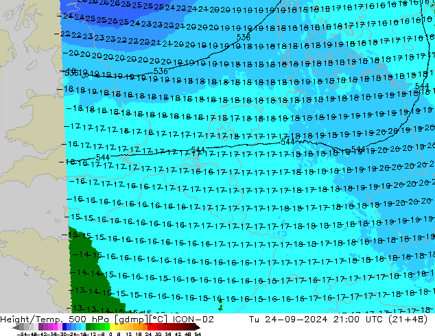 Height/Temp. 500 hPa ICON-D2 Ter 24.09.2024 21 UTC