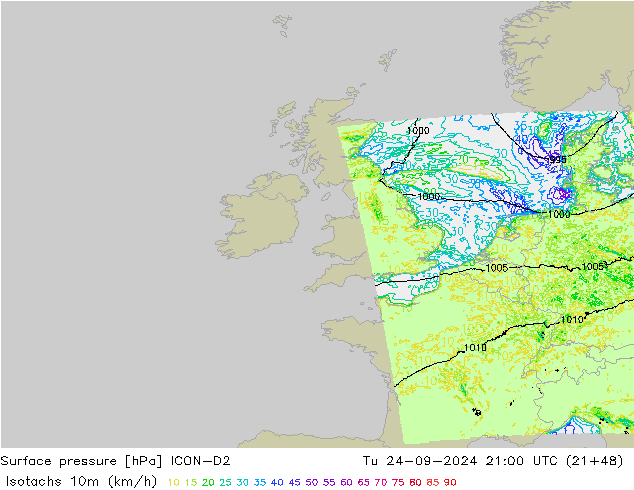 Isotachs (kph) ICON-D2 Út 24.09.2024 21 UTC