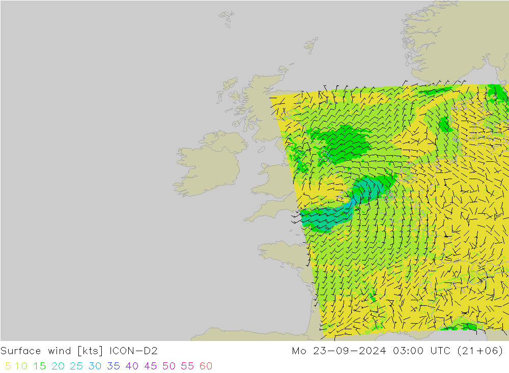 Vento 10 m ICON-D2 lun 23.09.2024 03 UTC