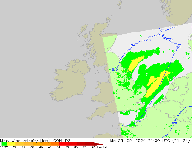 Max. wind velocity ICON-D2 Mo 23.09.2024 21 UTC