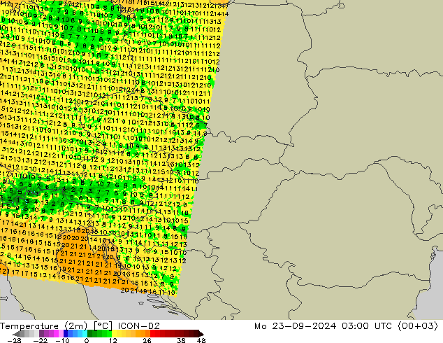 Temperature (2m) ICON-D2 Mo 23.09.2024 03 UTC