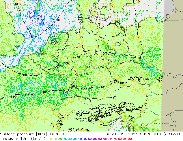 Isotachs (kph) ICON-D2 mar 24.09.2024 09 UTC