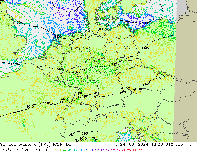 Isotachs (kph) ICON-D2 mar 24.09.2024 18 UTC