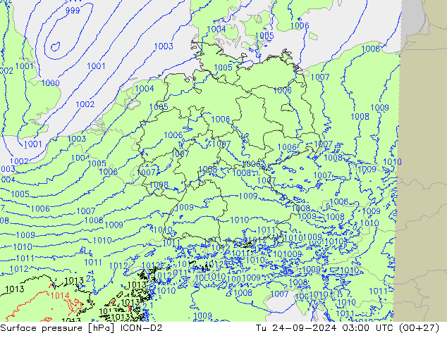 Surface pressure ICON-D2 Tu 24.09.2024 03 UTC