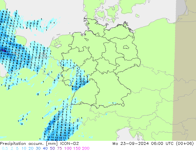 Precipitation accum. ICON-D2 Po 23.09.2024 06 UTC