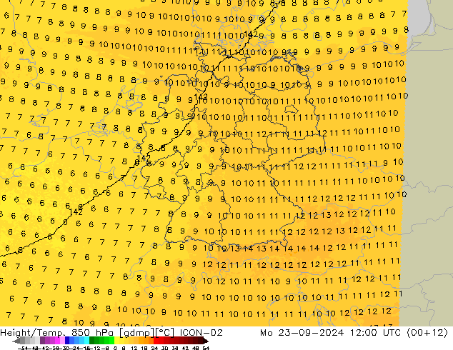 Géop./Temp. 850 hPa ICON-D2 lun 23.09.2024 12 UTC