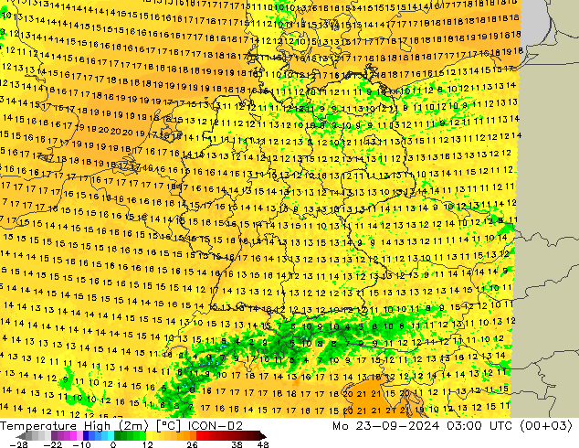 temperatura máx. (2m) ICON-D2 Seg 23.09.2024 03 UTC