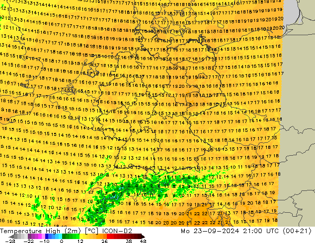 temperatura máx. (2m) ICON-D2 Seg 23.09.2024 21 UTC