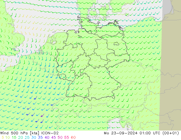 wiatr 500 hPa ICON-D2 pon. 23.09.2024 01 UTC
